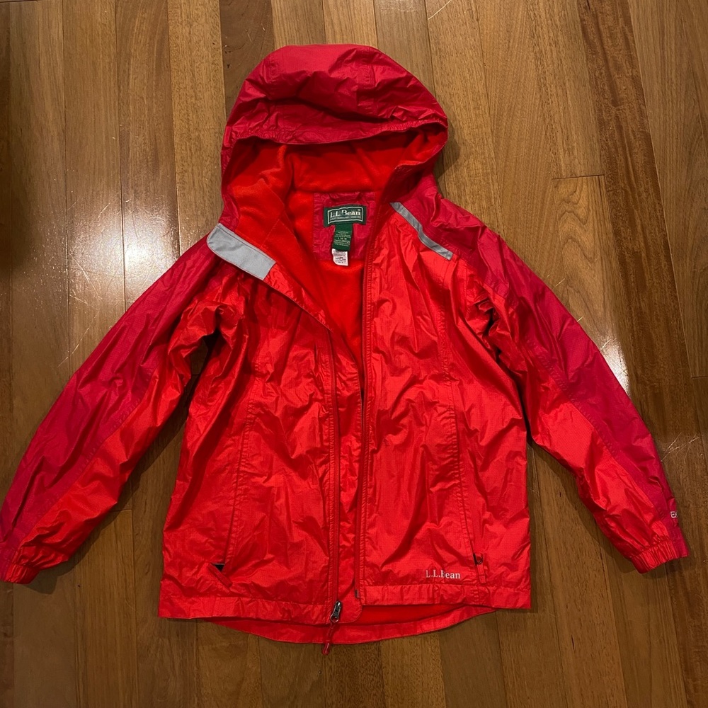 Girls large 14-16 LLBean fleece lined rain jacket Red